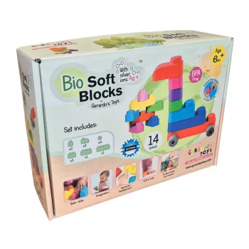 Set de cuburi moi de construcție Gerardo's Toys GT3100 cu roți, 14 piese (10 cuburi + 4 piese roți)