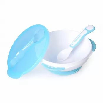 Set de hrănire pentru bebeluși Kidsme cu bolă cu ventuză, capac și lingură termică, aquamarin, 9+ luni
