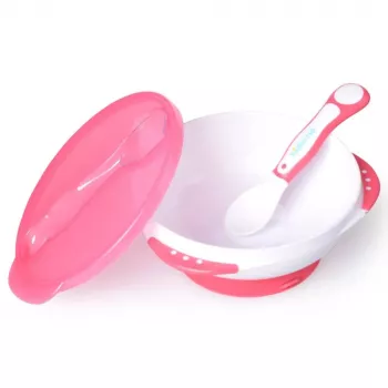 Set de hrănire pentru bebeluși Kidsme cu bolă cu bază cu ventuză, capac și lingură termică, lavandă, 9m+