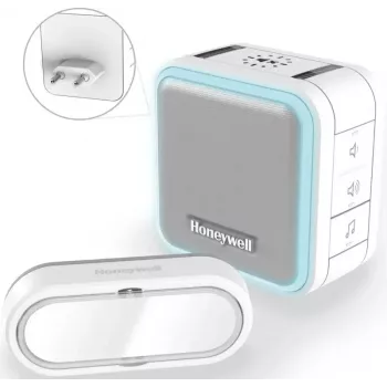 Sonerie fără fir Honeywell DC515SP2L cu carillon cu priză și buton, rază de acțiune 150 m, 6 melodii, albă