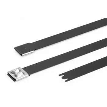 Colier de cablu din oțel inoxidabil HellermannTyton MBT14XHFC-SS316/SP-BK, închidere cu bilă, negru cu strat de poliester, 360mm x 7,9mm, stabilizat UV, 1 buc. 111-00299