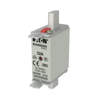 Fuzibil NH Eaton 32NHG000B cu indicator mecanic, 32 A, 500 V AC, mărimea 000, gG, set de 3 bucăți