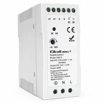 Sursă de alimentare pentru șină DIN Qoltec 60W 24V 2,5A Alb Slim
