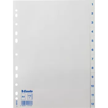 Separatoare din plastic LEITZ Esselte, numerotate 1-12, A4, alb, perforare universală, 10 seturi (100153)