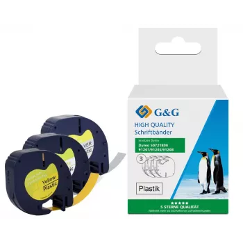 Set benzi etichetă G&G TD-RL-D-91201/2/8-3P, 12 mm, pachet de 3 (alb, galben, argintiu pe negru), compatibil cu DYMO D1