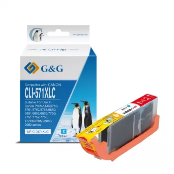 Cartuș de cerneală cyan cu randament ridicat G&G compatibil cu Canon CLI-571XLC / 0332C001 (13857)