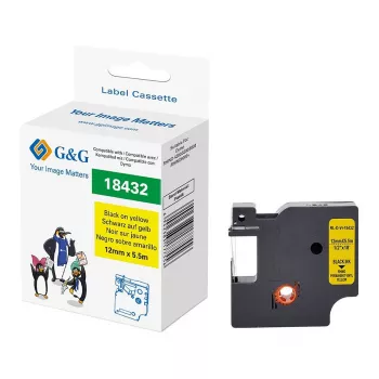 Bandă de etichetat din vinil G&G 12mm x 5,5m negru pe galben pentru Dymo Rhino 18432 RL-D-Vi-18432-BK/YE-12MM*5.5M
