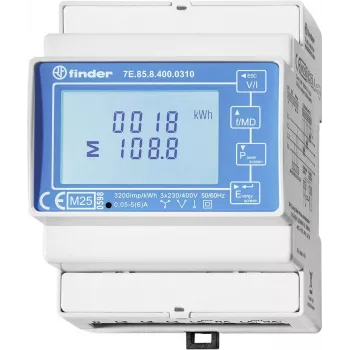 Contor digital de energie monofazat Finder 7E.85.8.400.0310, conexiune directă, clasa B, ieșire impuls S0, șină DIN