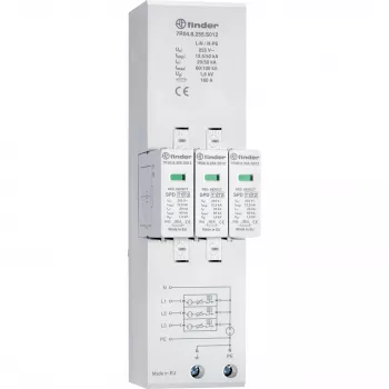Descărcător de supratensiune combinat tip 1+2 Finder 7P.04.8.255.S012 pentru rețele trifazate TN-S și TT, 4 poli, 255 V AC