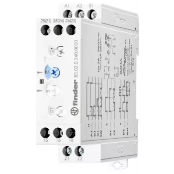 Releu temporizator multifuncțional Finder 83.02.0.240.0003, 8 funcții, 24-240V AC/DC, 2 contacte comutatoare, 0,05s-10 zile