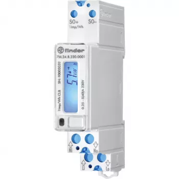 Contor digital de energie monofazat Finder 7M.24.8.230.0001, 230 V AC, 5(40) A, clasa 1, LCD, ieșire impuls S0, șină DIN, 1 modul, neconform MID