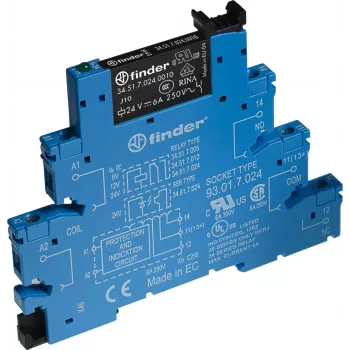 Modul releu de interfață Finder 38.51.7.024.5050, bobină 24 V DC, 1 contact CO, 6 A, borne fără șuruburi, șină DIN