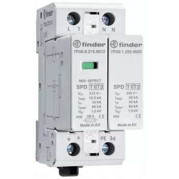 Dispozitiv de protecție la supratensiune Finder 7P.02.8.275.1012 tip 2, 1 pol, 275 V AC, 60 kA, șină DIN