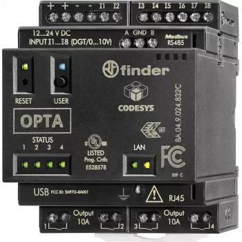 Modul de control PLC releu logic programabil (PLR) Finder, 24 V DC, 8 intrări digitale, 4 intrări analogice, 4 ieșiri releu, 8 A, afișaj LCD, montaj pe șină DIN, 8A.04.9.024.832C