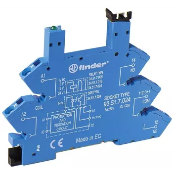 Soclu releu Finder 93.51.8.240, borne cu arc, șină DIN, albastru, pentru 34.51/34.81