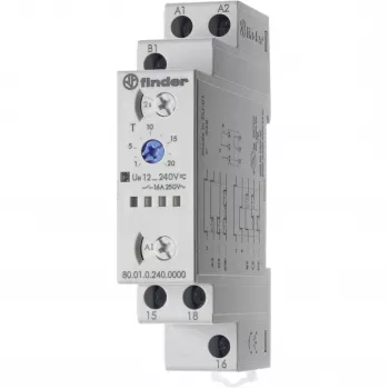 Temporizator multifuncțional Finder 80.01.0.240.0000T, 0,1 s - 86400 s, 1 contact comutator, 240 V AC, șină DIN