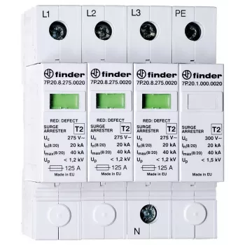 Dispozitiv de protecție la supratensiune Finder 7P.24.8.275.K110 tip 2 pentru instalații fotovoltaice, 3 poli, 1100 V DC, 20 kA (8/20 µs), șină DIN