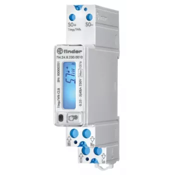 Contor de energie monofazat Finder 7M.24.8.230.0010 MID, conectare directă, 100 A, clasa B, șină DIN, ieșire impuls S0
