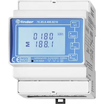 Contor digital de energie monofazat Finder 7E.85.8.400.0212, 230 V AC, 40 A, șină DIN, 1 modul, ieșire impuls S0