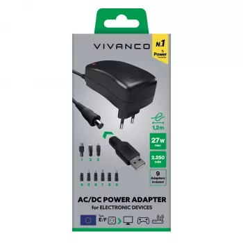 Vivanco Universal AC/DC Power Adapter 27W with 7 DC Plugs and USB Port VVITADAPT27WUN
