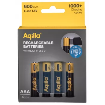 Acumulatori reîncărcabili AAA AQIILA NiMH cu USB-C, 1,2 V, 600 mAh, set de 4 AQ60AAA374C4