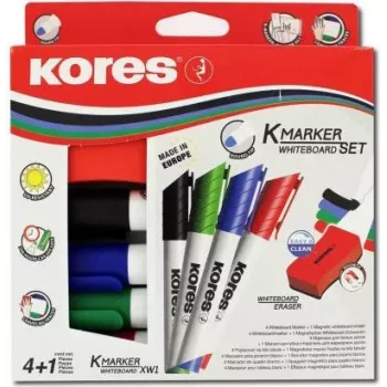 Set de markere pentru whiteboard Kores, 4 markere + radieră, vârf rotund, 3,0 mm, uscare rapidă, culori asortate M20863