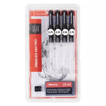 Set de pixuri tehnice de desen ARISTO mg1 pro Basic, 4 pixuri 0,25 / 0,35 / 0,50 / 0,70 mm, 5 piese (AR64400)