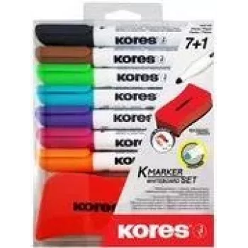 Set de markere pentru whiteboard Kores, 7 markere + radieră, vârf rotund, 3,0 mm, uscare rapidă, culori asortate (M20866)