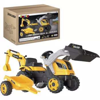 Tractor cu pedale Smoby Builder Max cu remorcă, galben