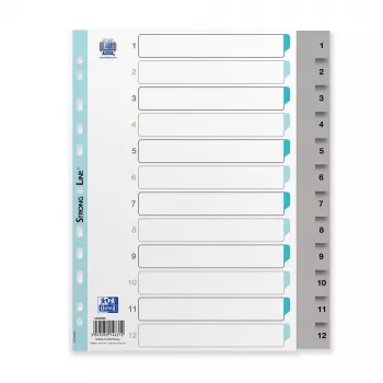 Intercalare din plastic Oxford A4, 12 părți, numerotate 1-12, gri, PP 0,12 mm, perforare euro 400033989