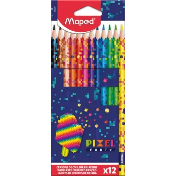 Maped PIXEL PARTY Triangular Coloured Pencils, 12 Assorted Colours, Soft Break-Resistant Lead, Pixel Pattern Barrel, Cardboard Case 862204