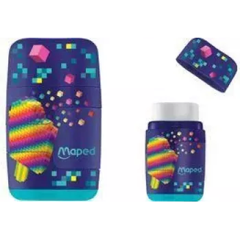 Set combinat radieră și ascuțitoare Maped Pixel Party, două găuri, recipient transparent pentru așchii, culori asortate 049223