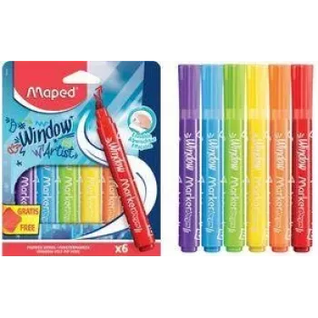 Markere pentru geam Maped MARKER'PEPS, 6 culori asortate, vârf rotund 2 mm, cutie de carton 844822