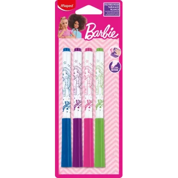 Markere pentru tablă albă Maped Barbie, pachet de 4, vârf rotund 1,5 mm, uscate ștergibile fără miros, culori asortate 741301