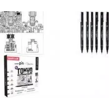 Set creativ de 6 finelinere uni-ball PIN TOKYO, cerneală pigmentară rezistentă la apă, vârfuri cu manșon metalic (CF PIN/6 001)