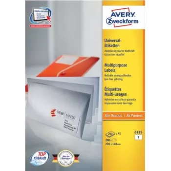 Etichete adezive permanente Avery 6135 din hârtie albă A4, 210 x 148 mm, 200 etichete