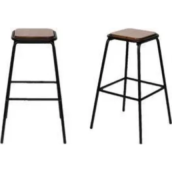 Set de 2 tabureți de bar PAPERFLOW OSLO, șezut din pin masiv, cadru metalic negru, lemn natural THOSLOX2.01.23