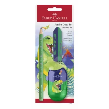 Set de scriere Faber-Castell Dino Jumbo, verde, 3 creioane, mină 3 mm, ergonomic triunghiular, rezistent la rupere, de la 3 ani 111529