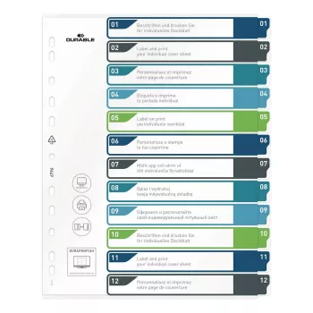 Separatoare albe A4+ din polipropilenă DURABLE 679627, multicolore, format portret, 0,27 mm, perforare universală cu 11 găuri