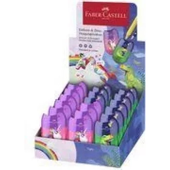 Ascuțitoare dublă FABER-CASTELL Box Dino/Einhorn, display cu recipient pentru așchii pentru ascuțire ușoară și curată, 18 bucăți (183551)