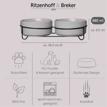Set de boluri duble pentru animale Ritzenhoff & Breker TARO, 880 ml, gresie gri cu suport metalic negru 450521