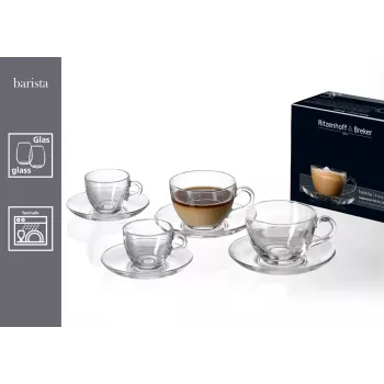 Set de cappuccino Ritzenhoff & Breker BARISTA, 4 piese, sticlă transparentă, căni 220 ml, rezistent la mașina de spălat vase 822021