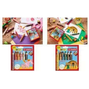 Creion multitalent STABILO woody 3 în 1, set de 6 într-o penară rotundă Tiger, creion colorat, acuarelă și creion de ceară într-unul singur, EO8806-4-2