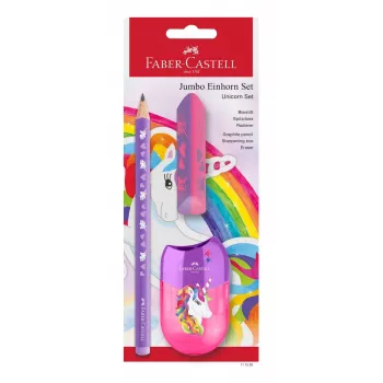 Set de scris Faber-Castell Unicorn Jumbo, violet, 3 piese, mină de 3 mm, formă ergonomică triunghiulară 111528