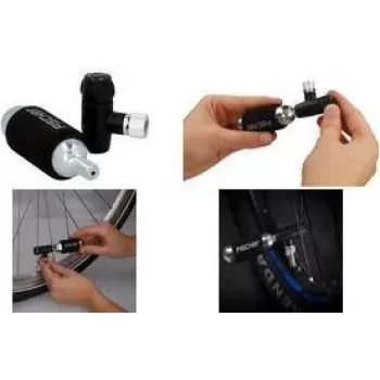 Pompă de mână pentru bicicletă FISCHER cu inflator CO2, cap de valvă universal pentru Schrader, Dunlop, Presta, 8 bar, negru/argintiu 50392