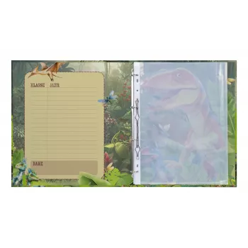 Mapă cu inele HERMA Dino World A4, carton rezistent, mecanism cu 2 inele, cotor 30 mm, imprimată integral, pentru certificate și documente școlare 20160