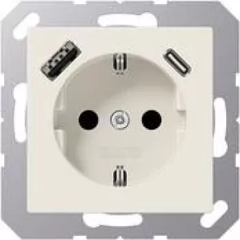 Priză SCHUKO JUNG A 1520-15 CA 16 A 250 V cu încărcător USB 1 x Type-A + 1 x Type-C, Safety Plus, seria AS, alb (ivory)