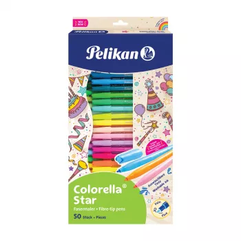 Set de 50 carioci Pelikan Colorella Star C302/50, culori asortate, cerneală pe bază de apă lavabilă, capace ventilate, 825092