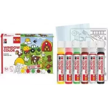 Set vopsea de geam Marabu KiDS Window Color Farm, 6 x 25 ml vopsea de geam detașabilă, pe bază de apă, 1 set (0306000000006)