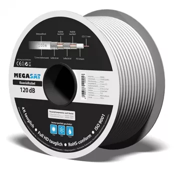Cablu coaxial Megasat 100 m, cu ecranare pe patru straturi, 120 dB, 75 Ohm, pregătit pentru conector F 100066
